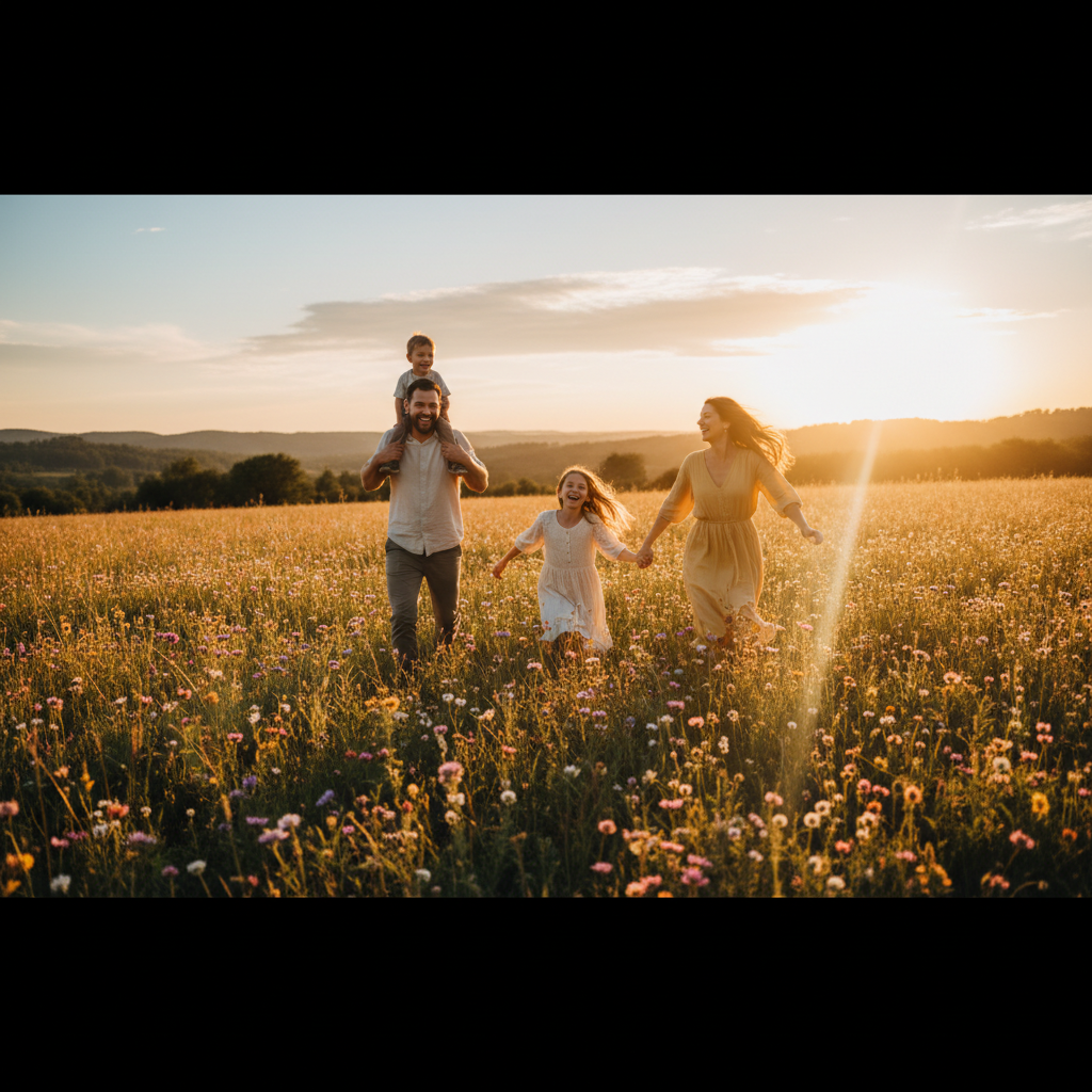 Cinematic shot of a happy family running through a field of flowers at golden hour, low angle, lens flare, dreamy and emotional, high quality photography