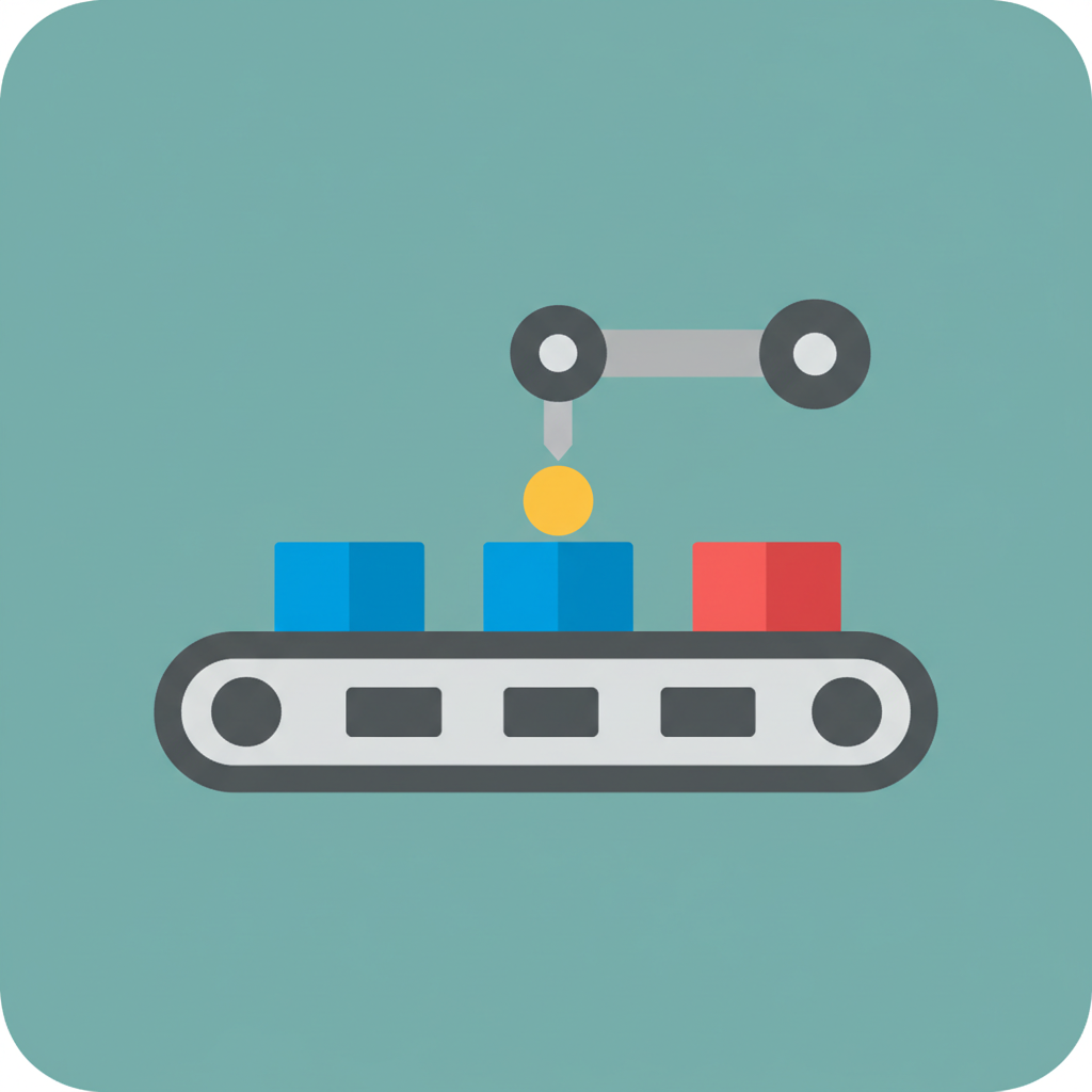 icon representing factory assembly line or conveyor belt, flat filled style, simple