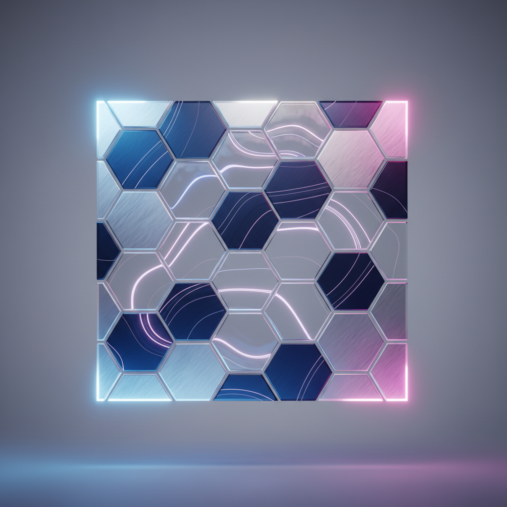 Conceptual product shot of a high-tech textile swatch with hexagonal texture, partly transparent, partly opaque, illuminated by sci-fi lighting. Neutral background. Product design style.