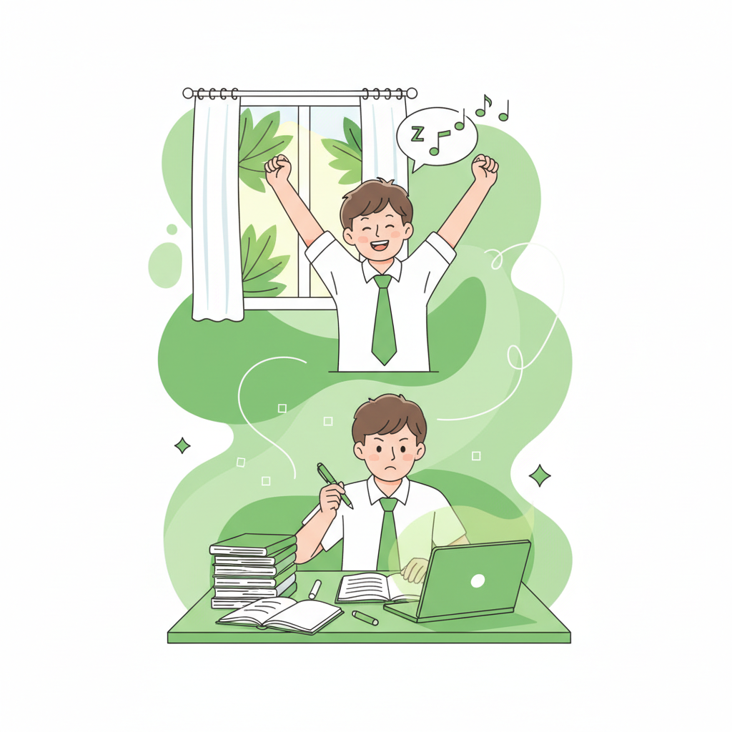 An illustration of a happy, energetic high school student waking up fresh or studying with focus, green and white color palette