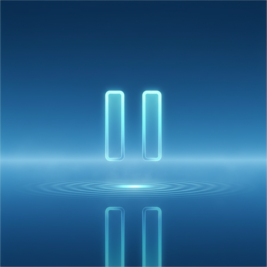 Abstract digital art of a glowing pause button symbol floating over calm water, serene blue tones