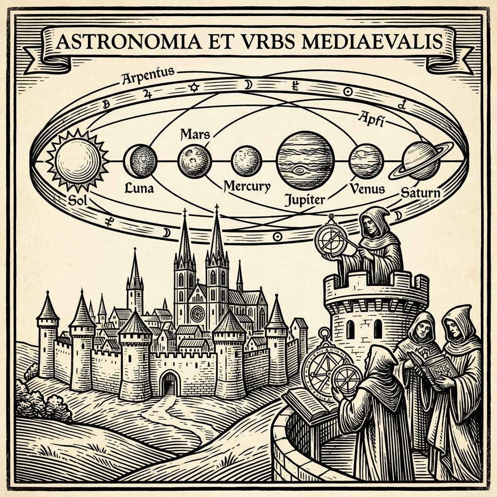 woodcut style illustration of medieval astronomy, planetary alignment over a city, medieval art style
