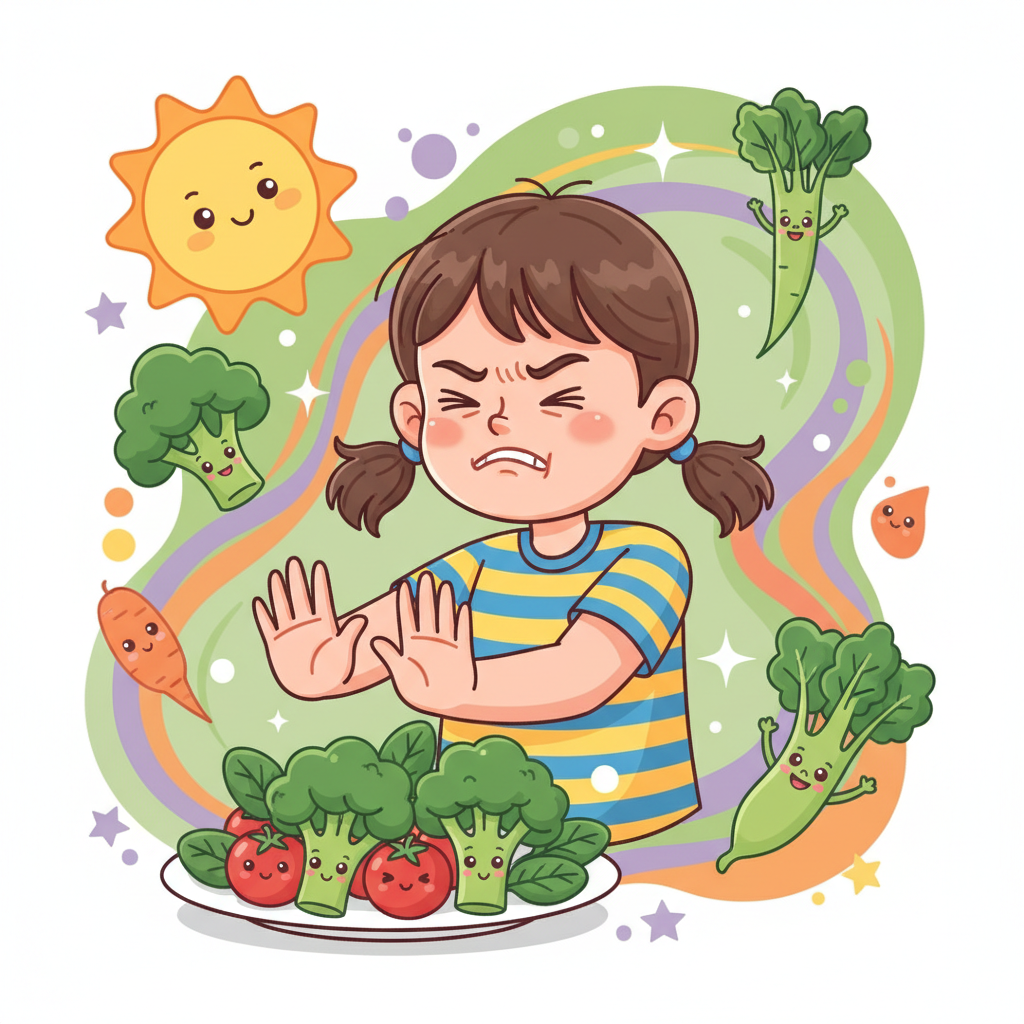 illustration of a girl refusing vegetables, colorful vector