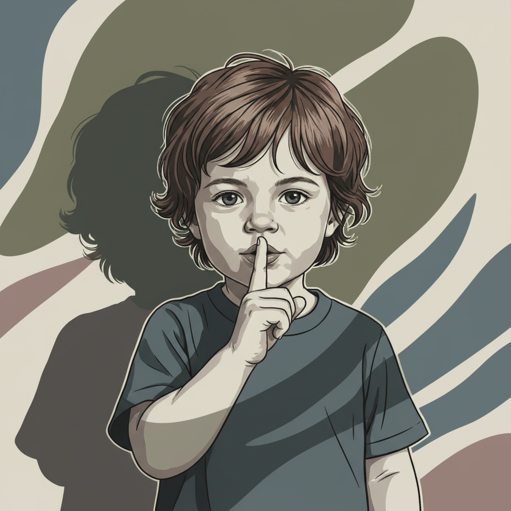 Artistic illustration of a small child holding a finger to their lips in a shushing gesture, shadows, mute colors
