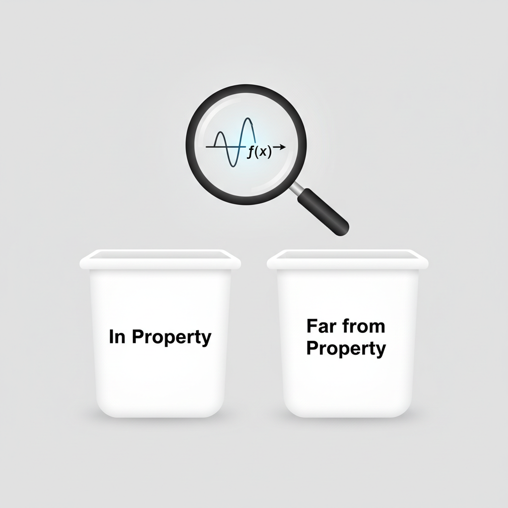 minimalist illustration of two bins, one labeled 'In Property' and one labeled 'Far from Property', with a magnifying glass examining a function