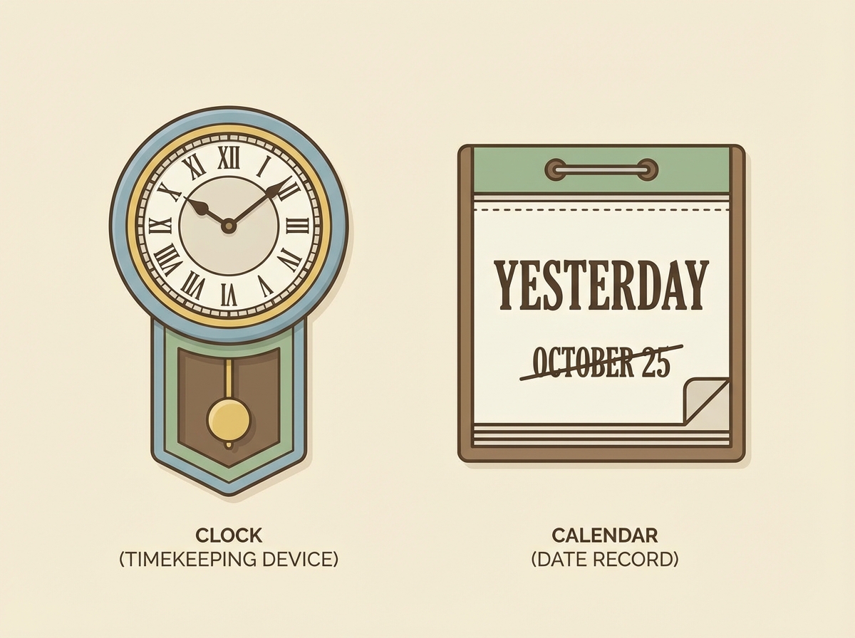 An educational illustration of a vintage clock and a calendar showing the word YESTERDAY, academic textbook style, clean vector art, muted colors