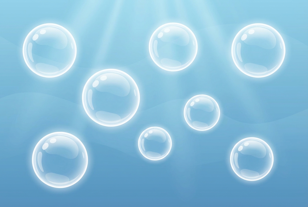 7 distinct shiny bubbles floating underwater against a blue background, cartoon style, clear to count