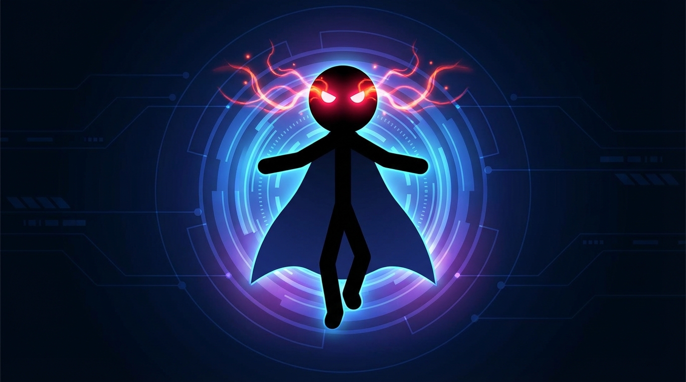 Hero stickman hovering in place, eyes glowing bright red. Charging up laser vision. Intense energy gathering around eyes.