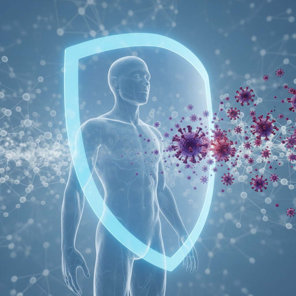 futuristic glowing blue shield protecting a human silhouette from viruses, 3d render, educational medical style