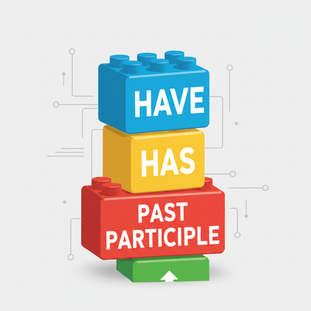 illustration of building blocks with words HAVE HAS and PAST PARTICIPLE, educational style