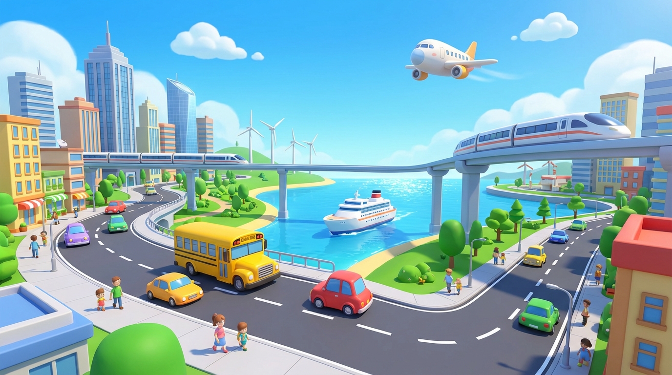 Happy cartoon city showing bus, car, plane, train, and ship working together