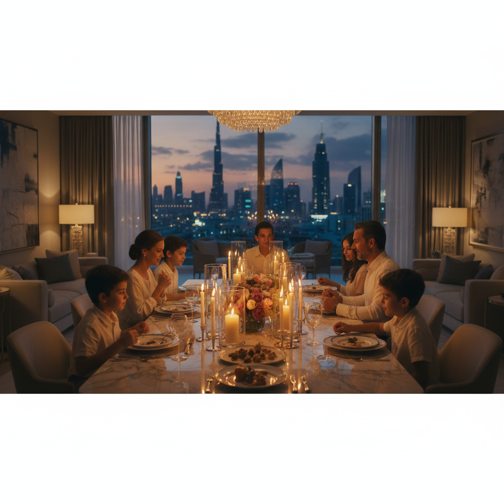Cinematic film still of a family dinner in a high-end Dubai apartment, warm candlelight, B&B Italia table, emotional connection, soft focus