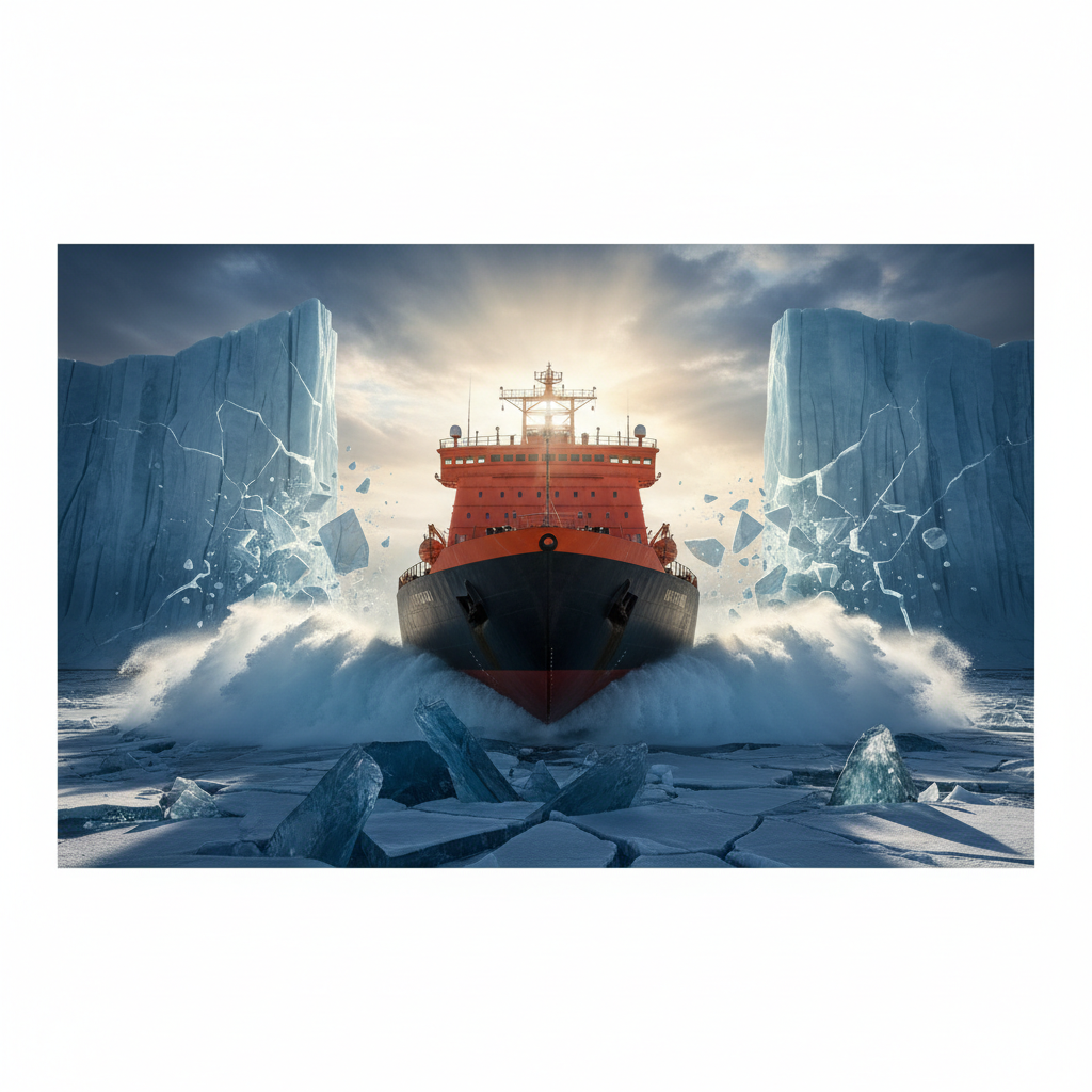 Metaphorical image of a large ship breaking through ice, symbolizing movement and breaking barriers, dynamic, high contrast