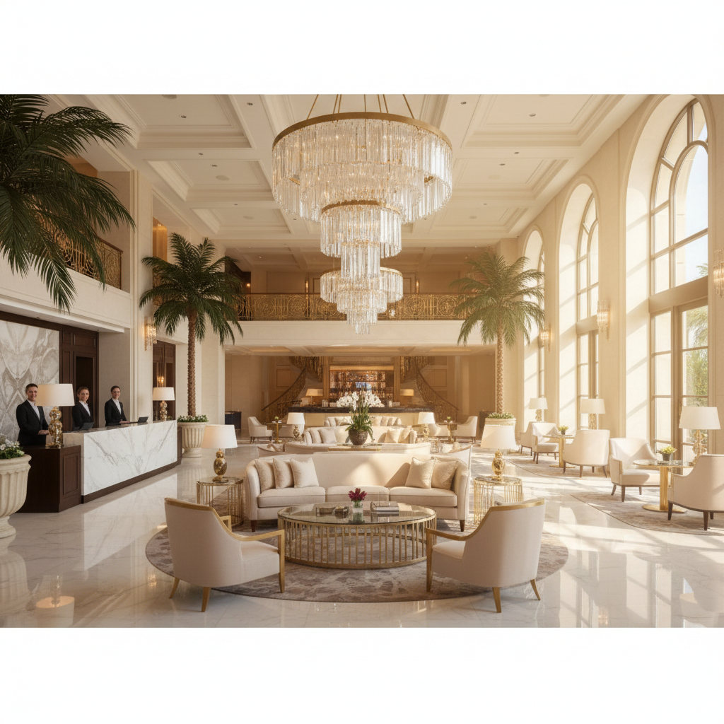 Luxury hotel lobby, bright, elegant, blurred background