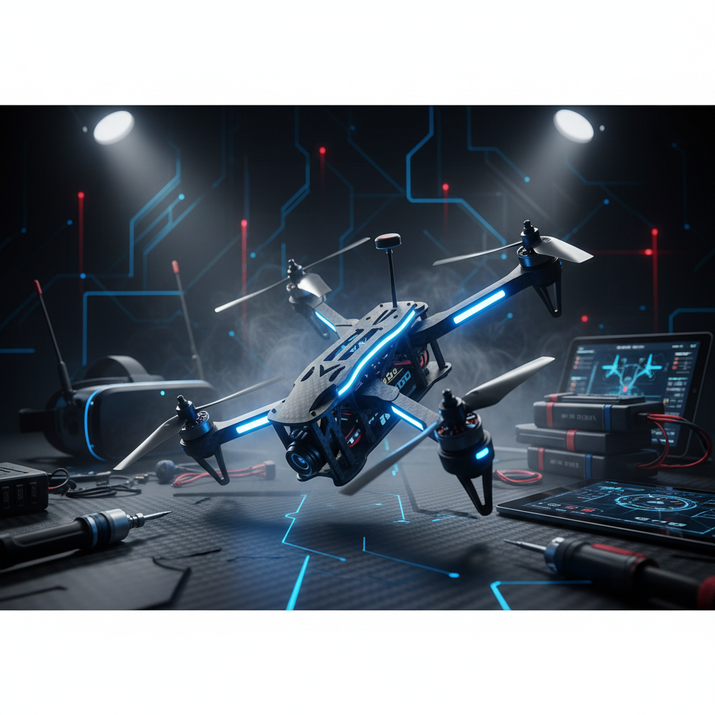 Professional cinematic shot of an FPV drone on a dark technical background, carbon fiber texture, studio lighting, high tech equipment