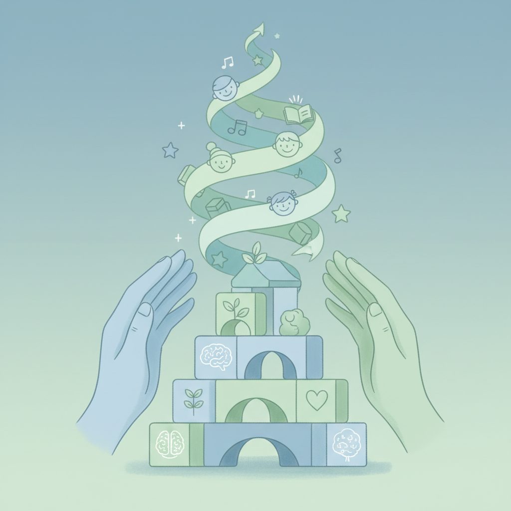 Soft illustration of child development concepts, building blocks and comforting supportive hands, pastel blue and green tone