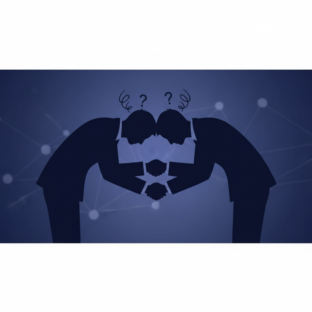 silhouette of two people bumping heads while bowing and shaking hands confusion