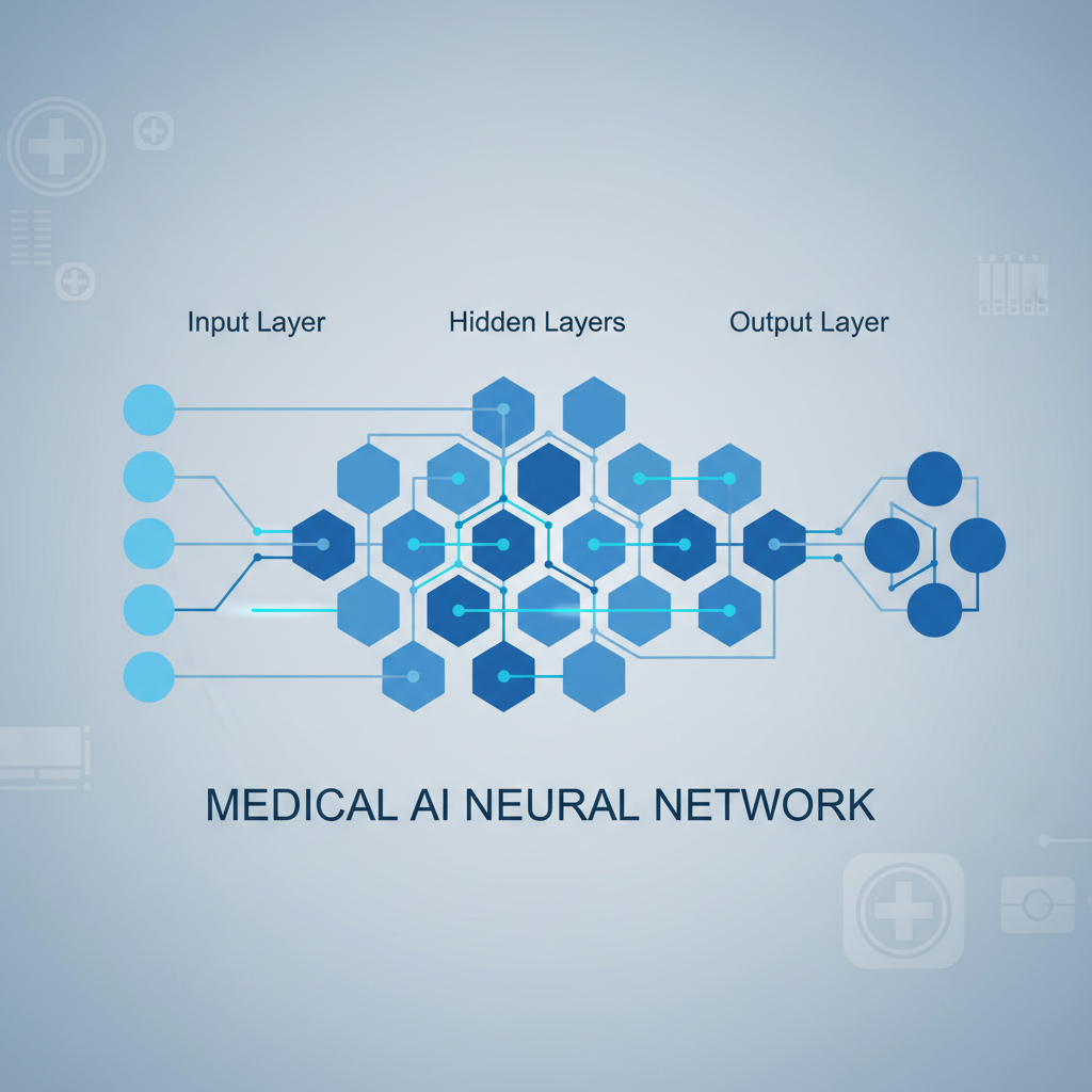 neural network architecture diagram, nodes and connections, flat design blue and grey medical technology style