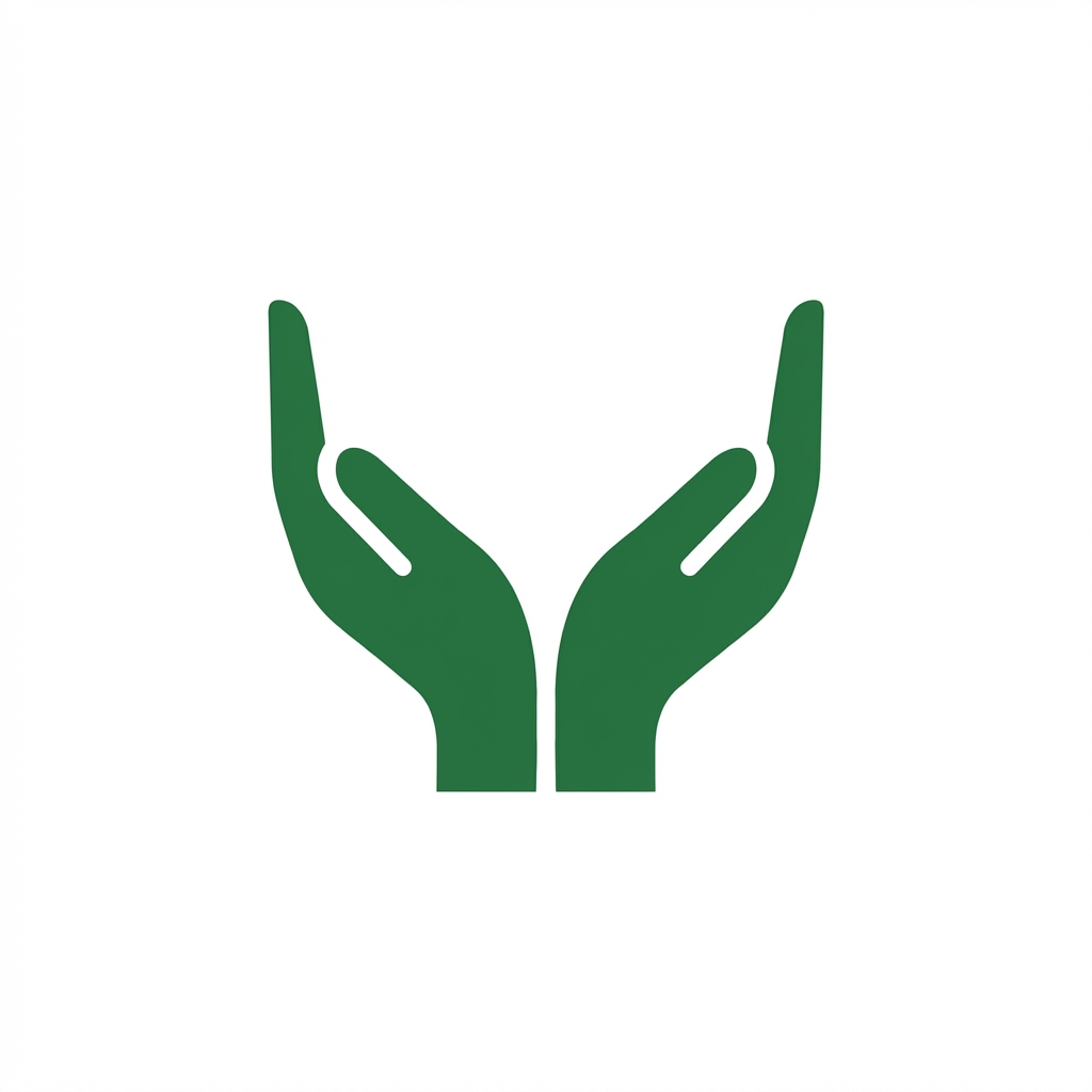 Simple green icon depicting support or helping hands