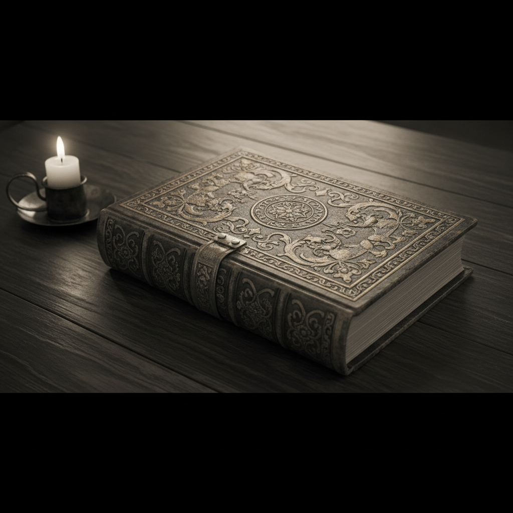 old closed book with ornate leather cover resting on a wooden table, candlelight, ending, sepia