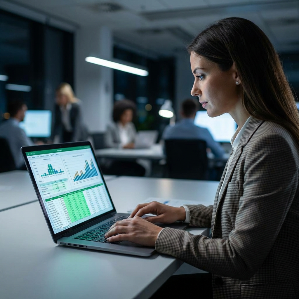 person using a laptop with a glowing spreadsheet interface, focus on data analysis, professional office setting
