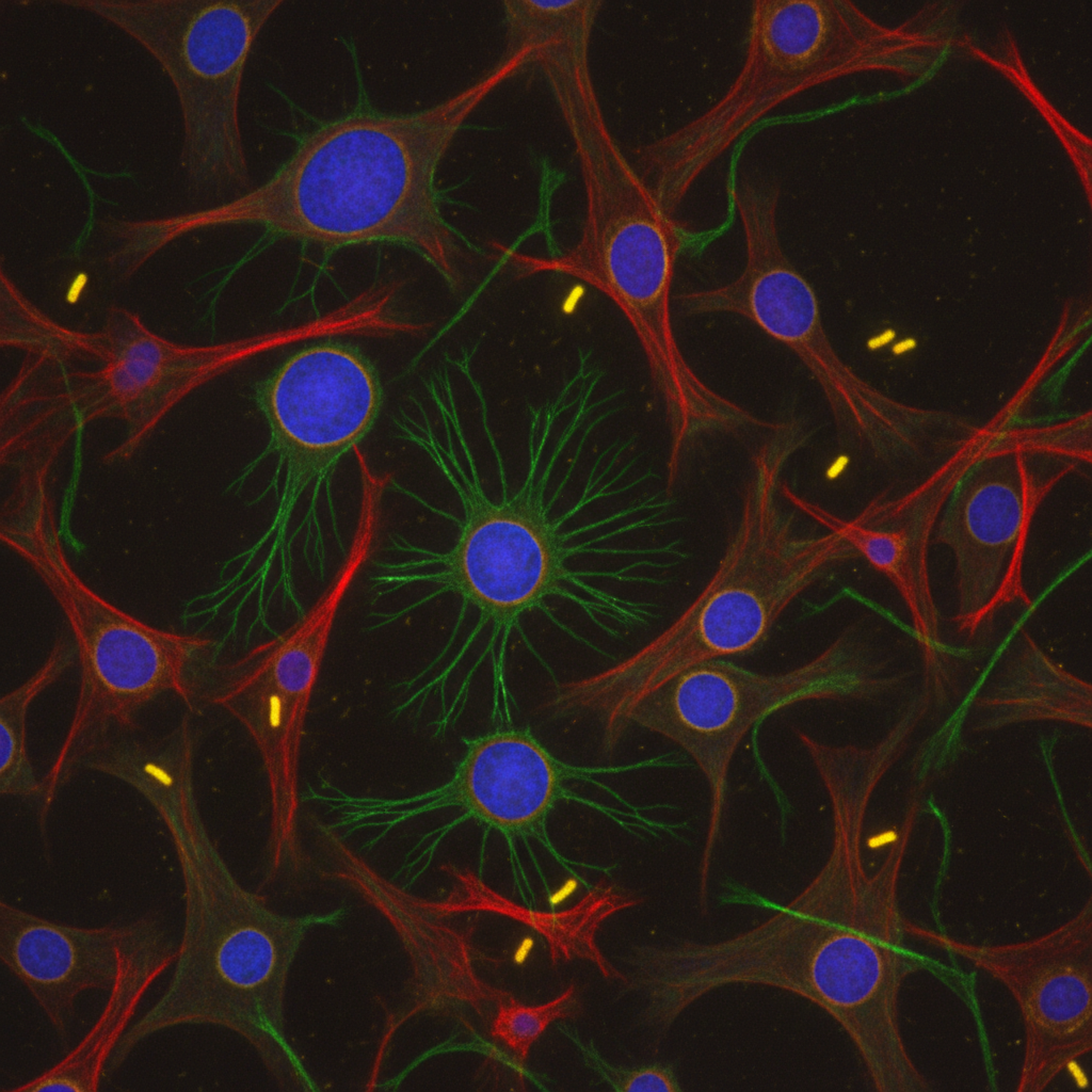 Microscopy view of cells, fluorescent staining, scientific imaging, biology research