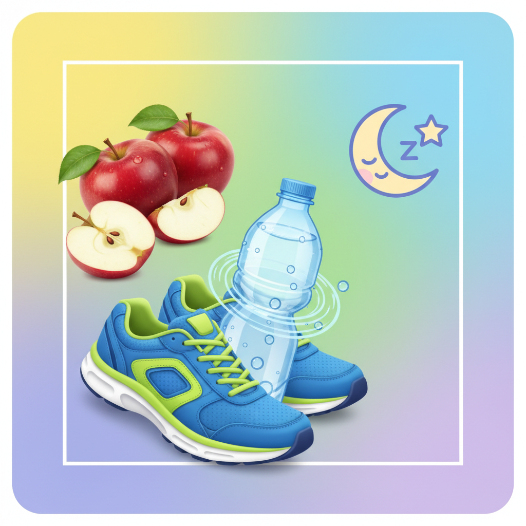 collage of healthy lifestyle apples running shoes water bottle and sleeping icon, bright colors