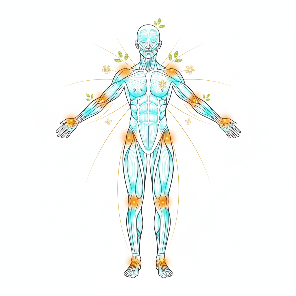 holistic medical illustration showing a human figure with highlights on joints and muscles, clean vector style, white background