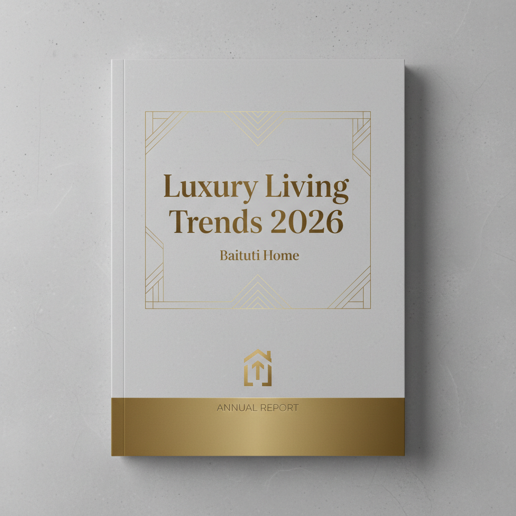Mockup of a premium minimal editorial report cover titled 'Luxury Living Trends 2026' by Baituti Home, stone grey and brass color palette