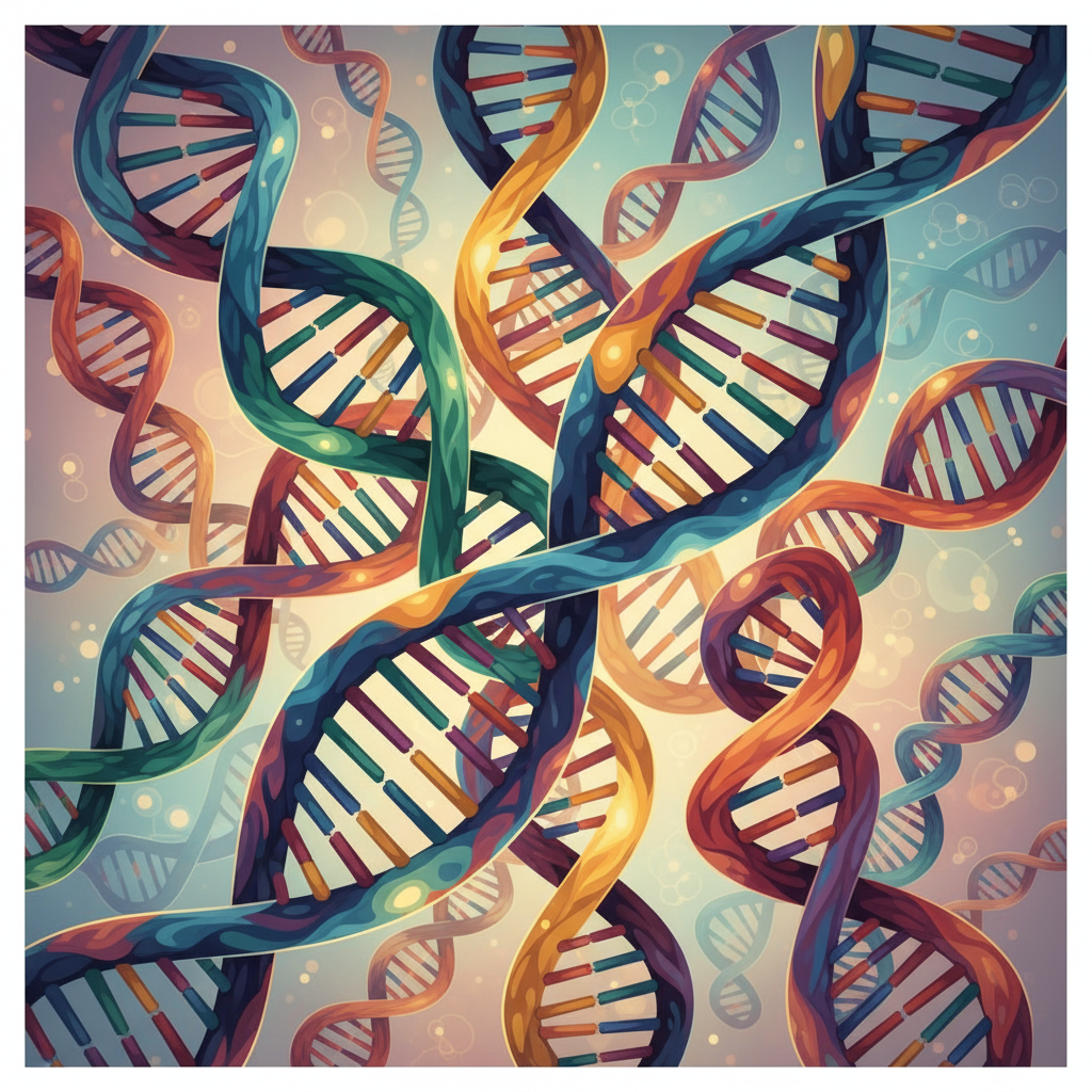 Artistic illustration of diverse human DNA strands intertwining, representing genetic diversity