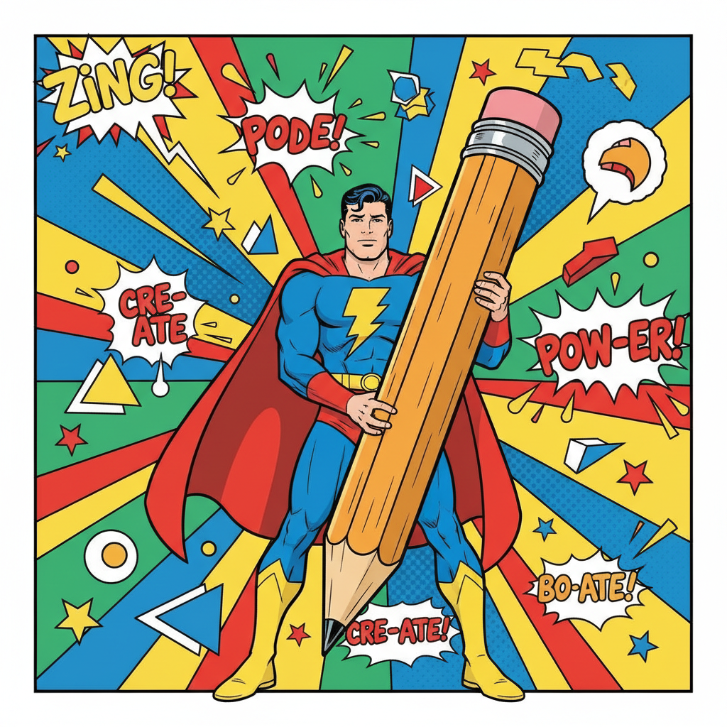 Color comic book style illustration of a superhero holding a giant pencil, bright and fun background