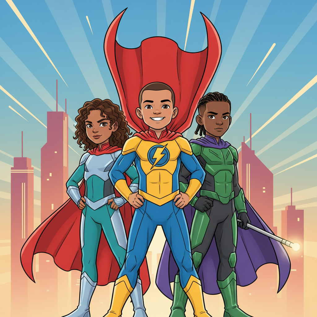 three teenage boys standing confident, arms crossed, cool clothes, digital art illustration, no capes