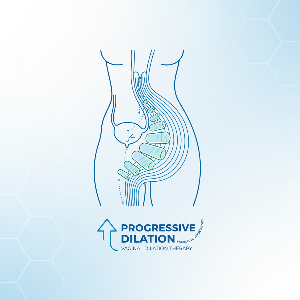 Medical schematic showing concept of vaginal dilation therapy, abstract simple lines, clinical style.