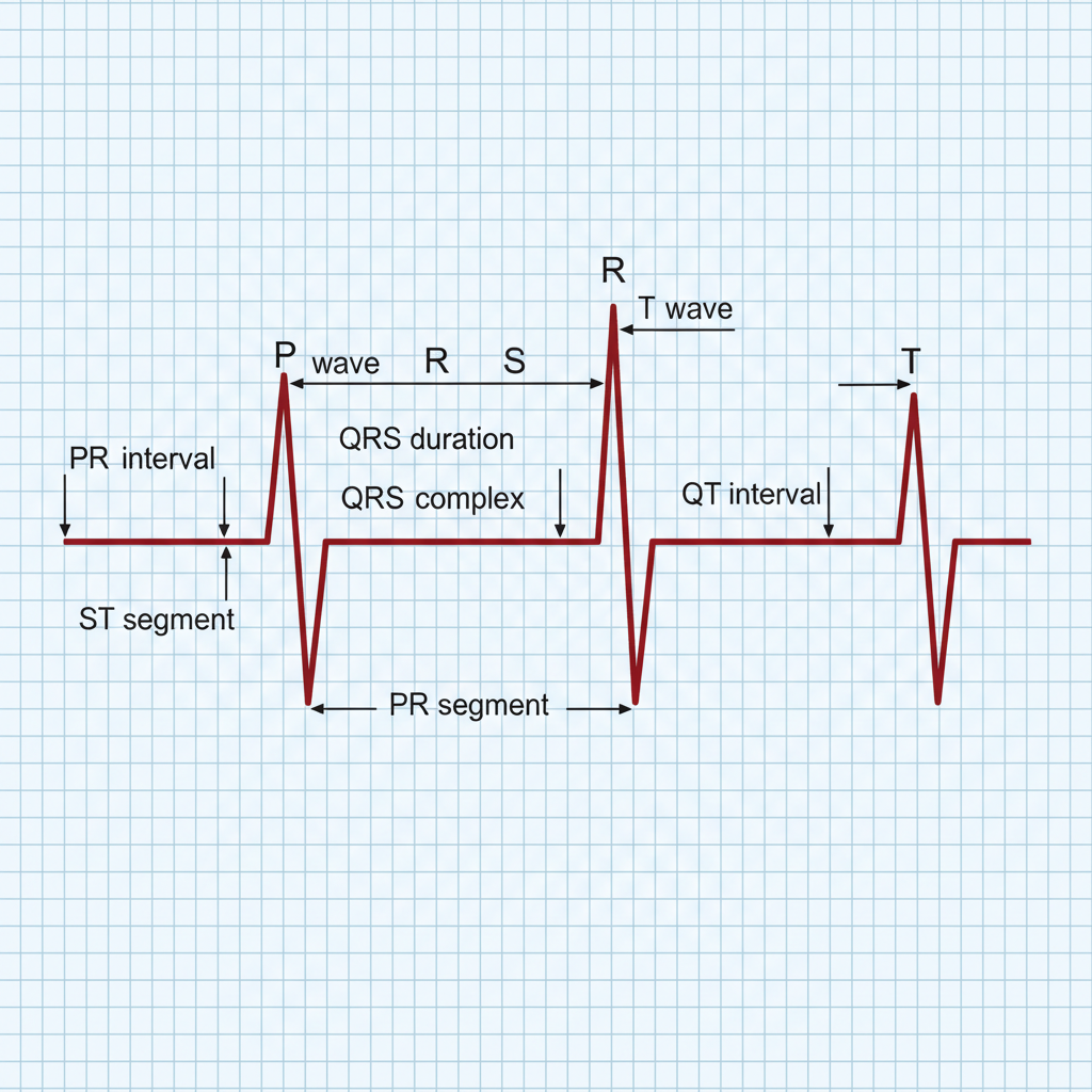 Labeled EKG strip P Q R S T wave diagram, medical illustration style, grid background