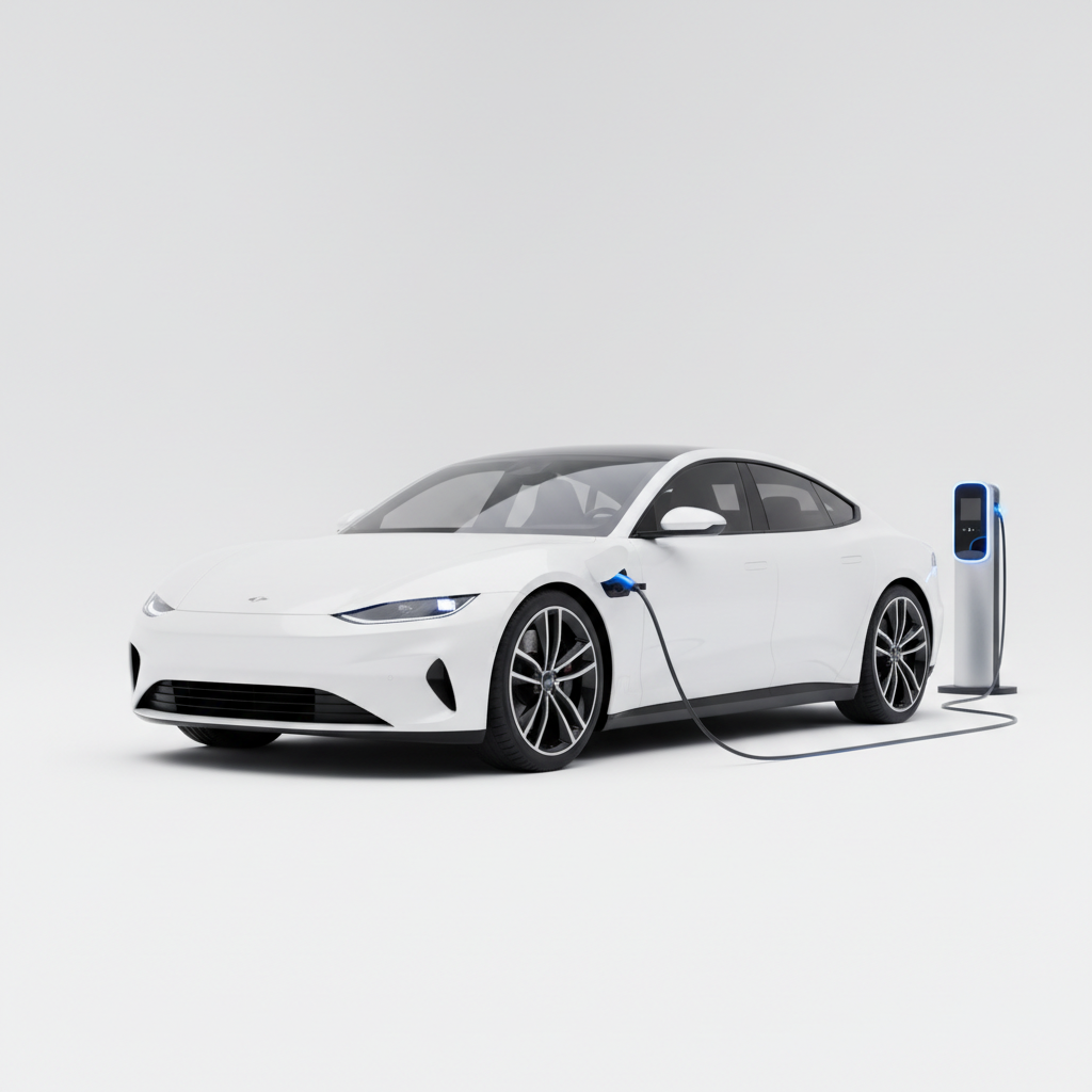 modern white electric car charging, clean background, editorial style