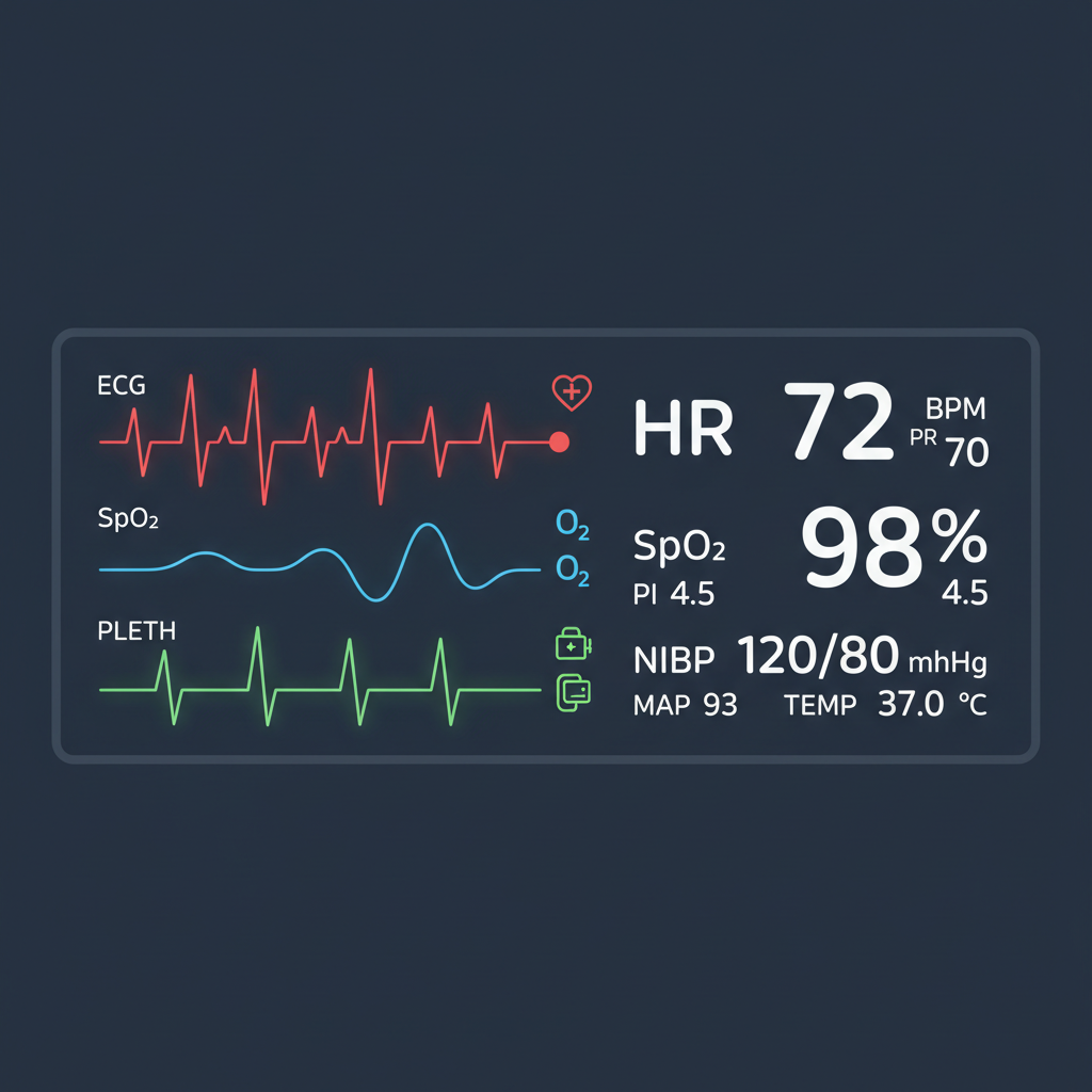 Medical patient monitor screen concept, displaying vital signs, clean vector illustration style, serious clinical tone
