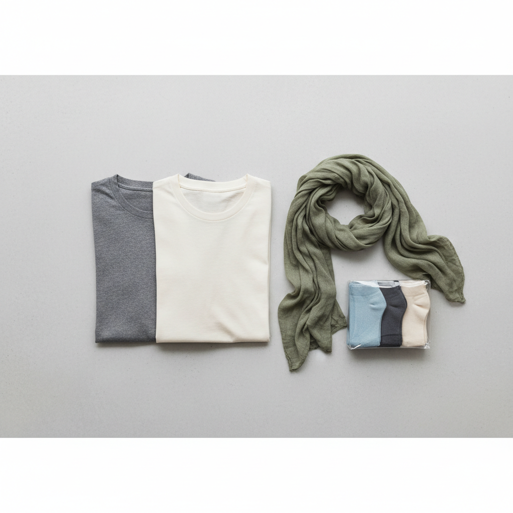 Two plain t-shirts, a scarf, and a pack of socks, minimal style