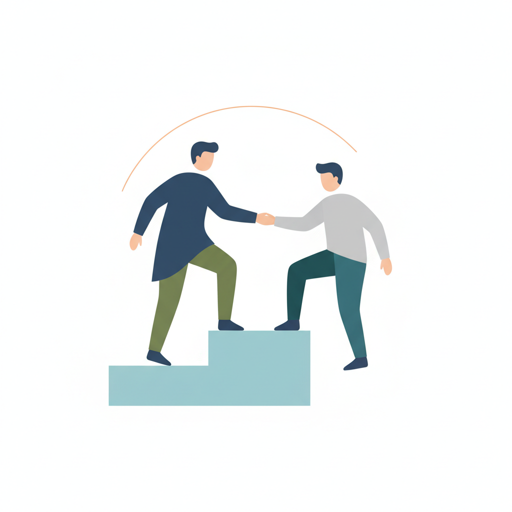 minimalist illustration of one person helping another climb a single step, mentorship concept, flat design