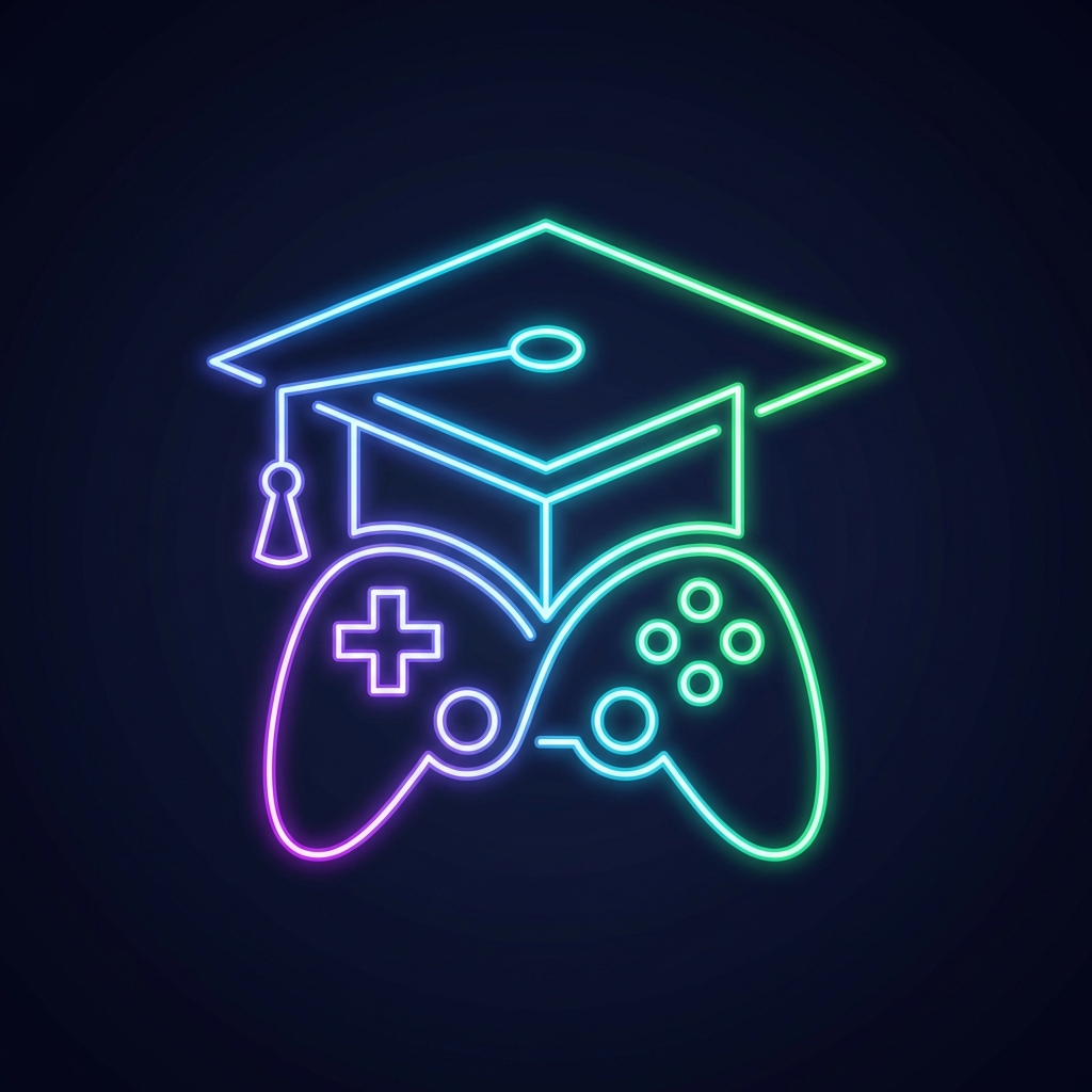 icon combining a graduation cap and a game controller, neon vector line art style