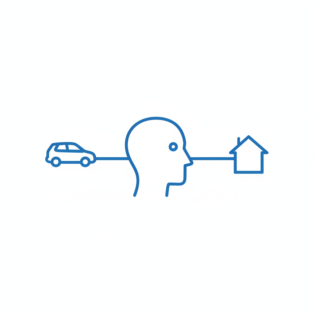 minimalist infographic style icon representing a user profile connected to a car icon and a house icon, clean lines