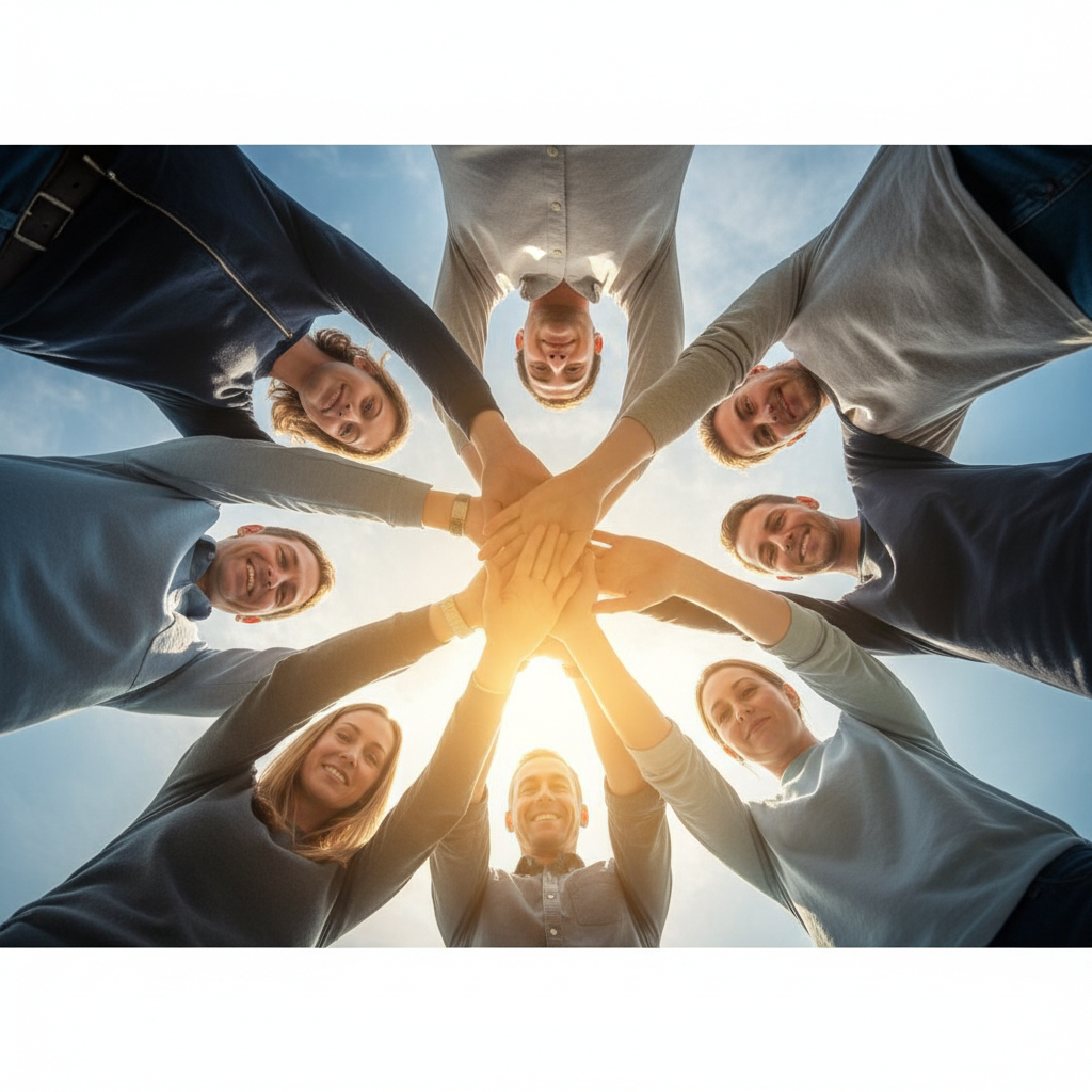 Low angle shot of a diverse group of people putting their hands in the center of a circle, team spirit, unity, warm sunlight, blue sky background