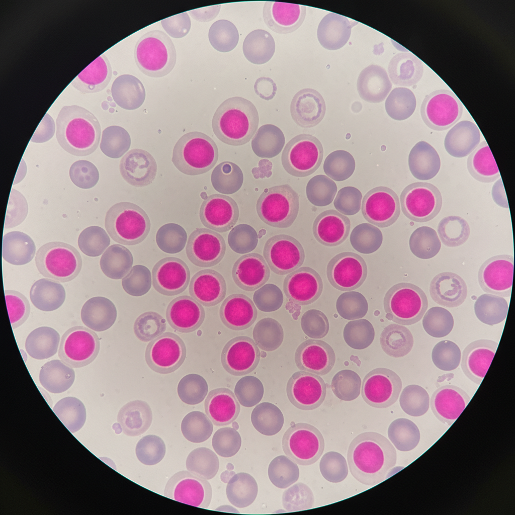 Microscopic view of kleihauer-betke stain showing bright pink fetal cells against pale ghost maternal cells, circle view, medical lab style