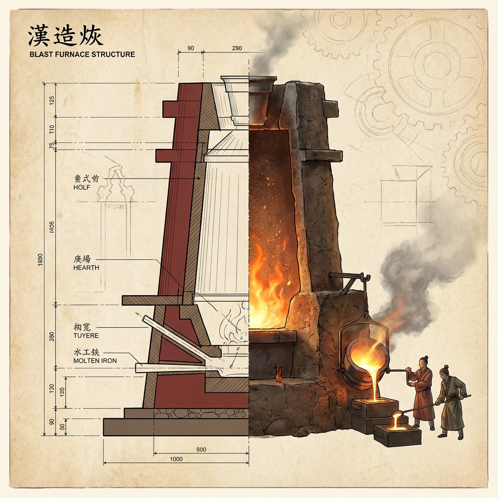 Illustration of an ancient Chinese blast furnace, technical drawing mixed with realistic textures, fire glowing, workers pouring molten metal, Han Dynasty engineering