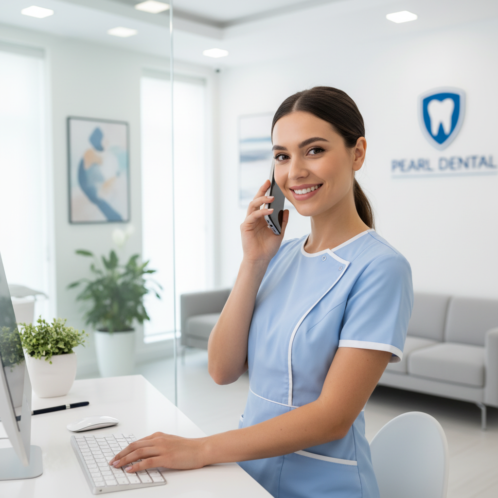 portrait of a friendly female receptionist in a dental clinic, wearing scrubs or smart casual office wear, holding a phone, busy but smiling, bright modern office background