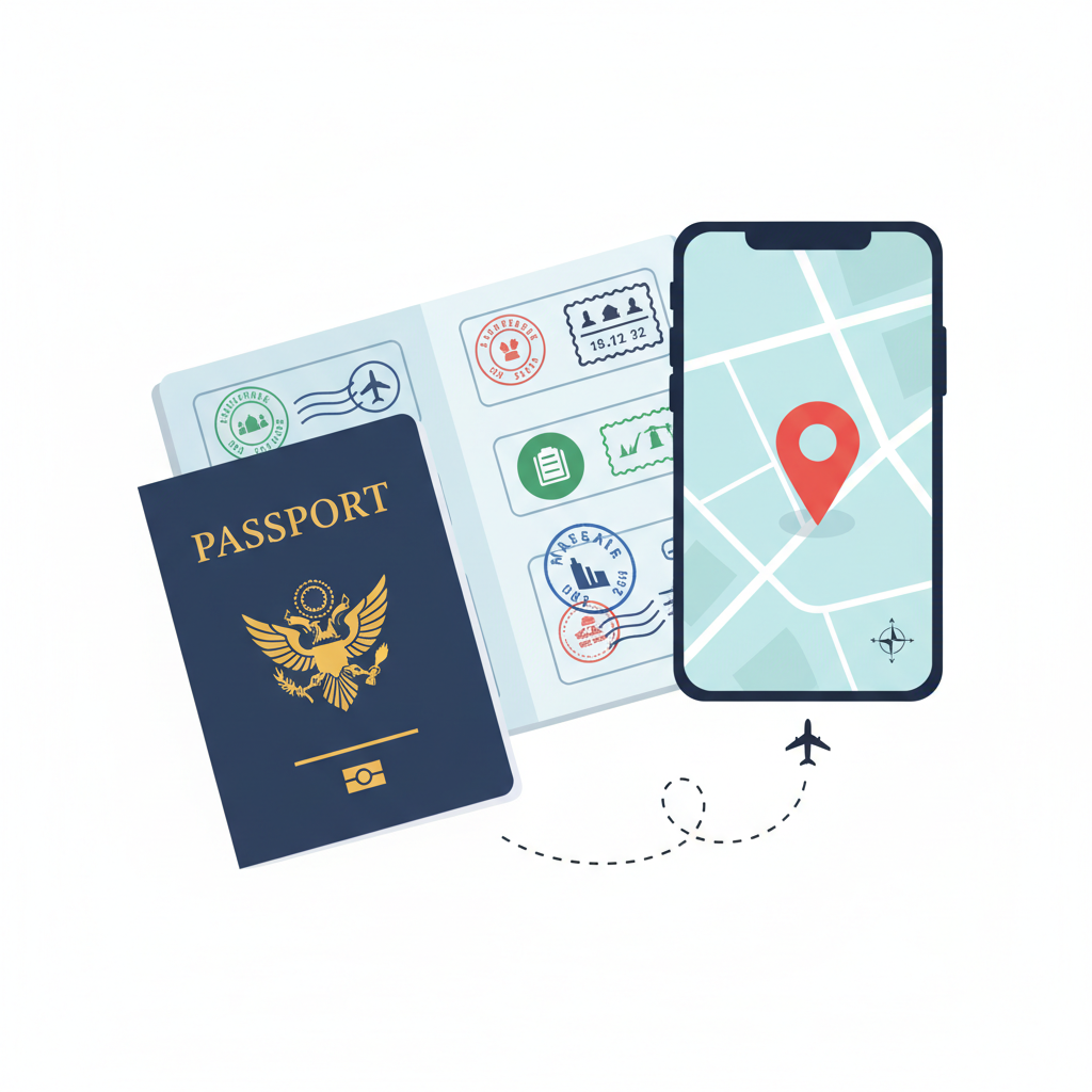 flat lay illustration of a passport with stamps and a smartphone map showing a location pin, vector style
