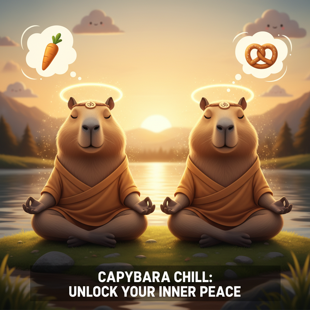 Two capybaras sitting peacefully next to each other in a meditative state, funny meme style