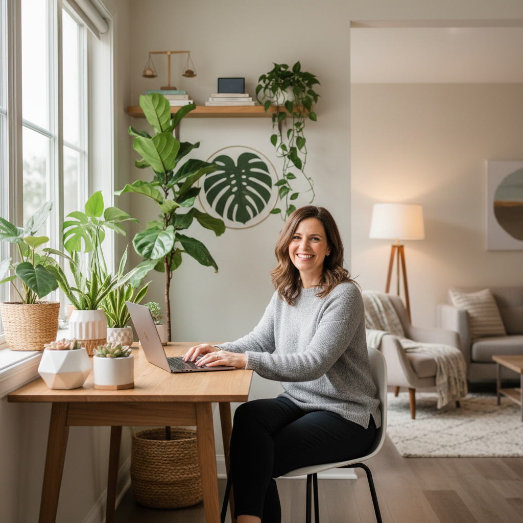 happy professional working relaxed in a modern home office with good lighting and plants, symbolizing work life balance, photorealistic style