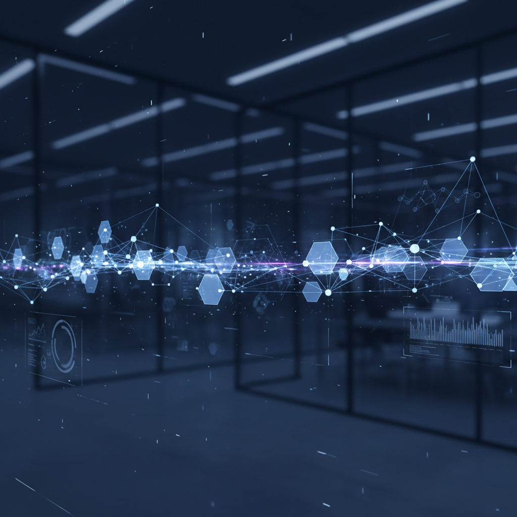 Abstract digital network nodes connecting in a sleek dark blue corporate environment, high tech, minimal, ultra hd, 8k