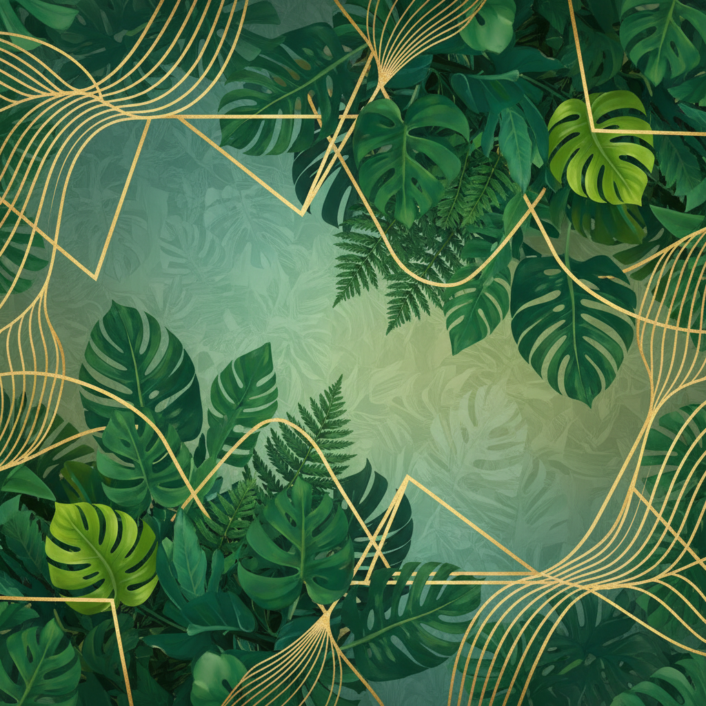 Abstract representation of nature and luxury merging, green leaves and gold geometric lines, harmonious, high quality wallpaper style