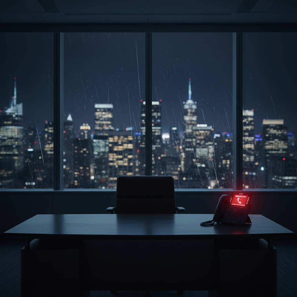 Dark office interior with an empty desk, a phone with a glowing red missed call notification, view of night city through window, moody atmosphere